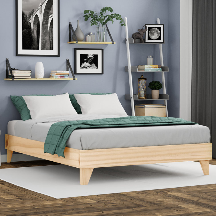 Natural Pine Queen Platform Bed Frame with Slats