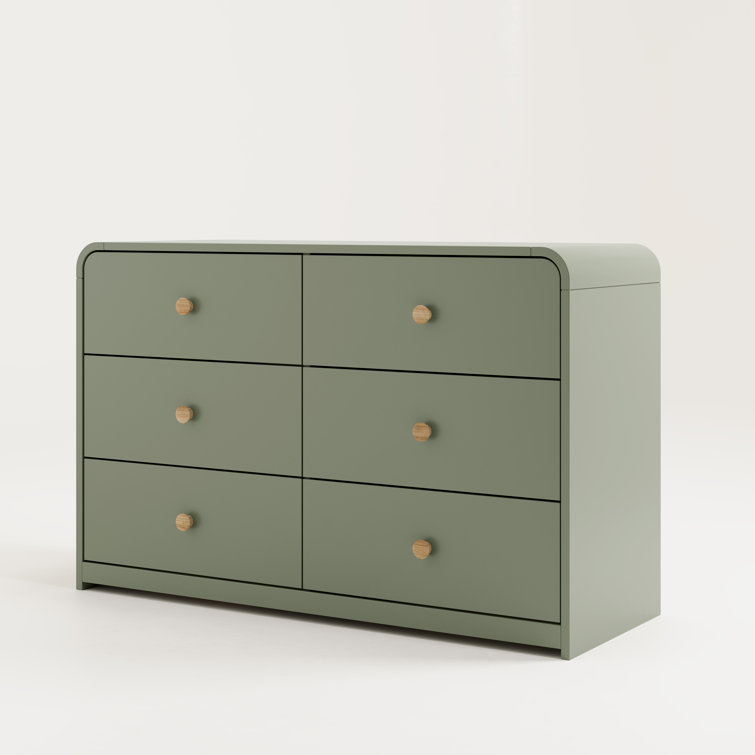 Olive Green 6-Drawer Nursery Dresser with Natural Rubberwood Knobs