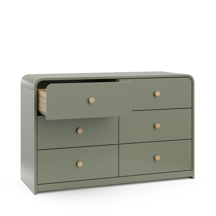 Olive Green 6-Drawer Nursery Dresser with Natural Rubberwood Knobs