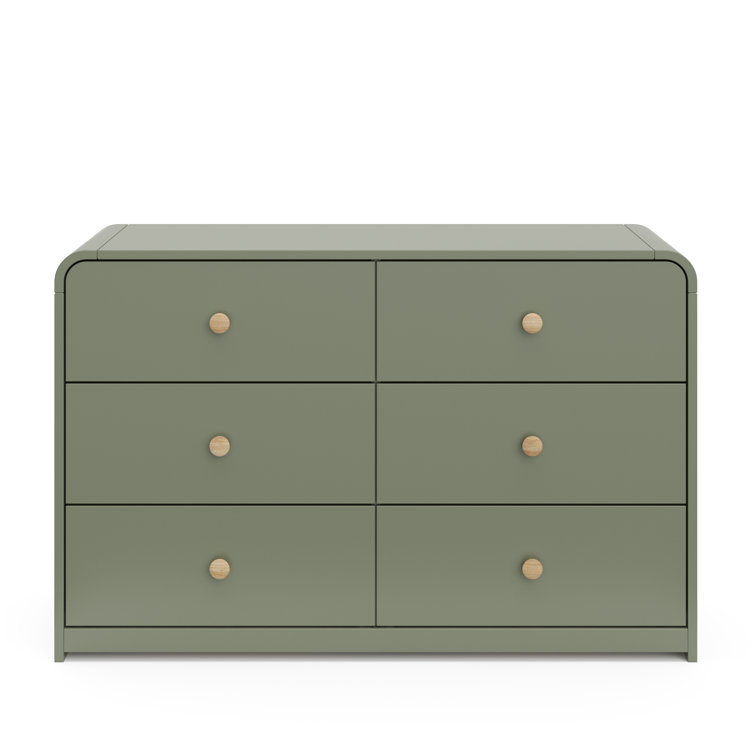 Olive Green 6-Drawer Nursery Dresser with Natural Rubberwood Knobs