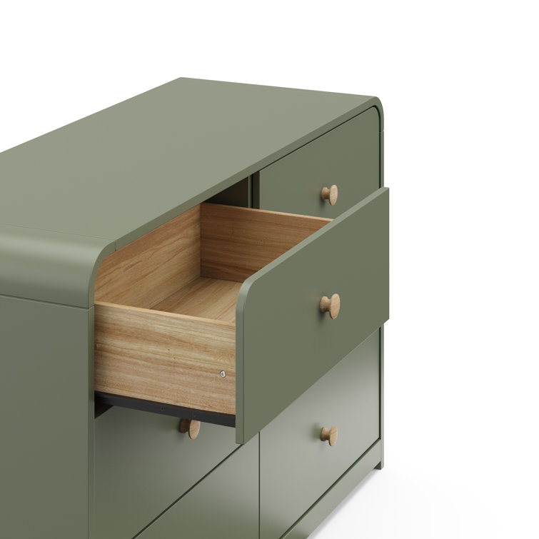 Olive Green 6-Drawer Nursery Dresser with Natural Rubberwood Knobs