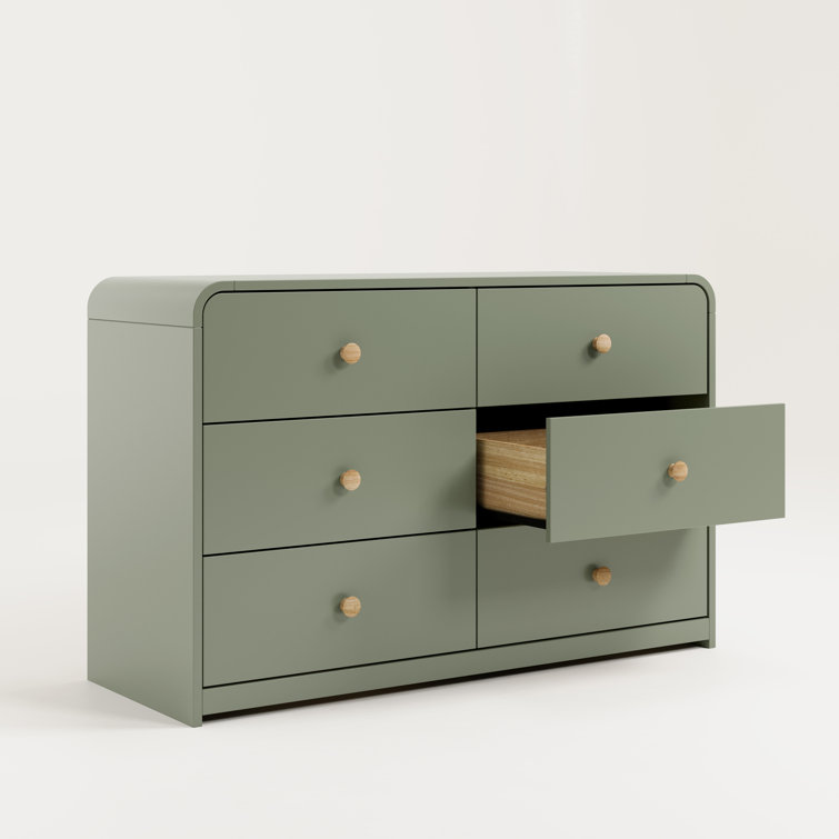 Olive Green 6-Drawer Nursery Dresser with Natural Rubberwood Knobs