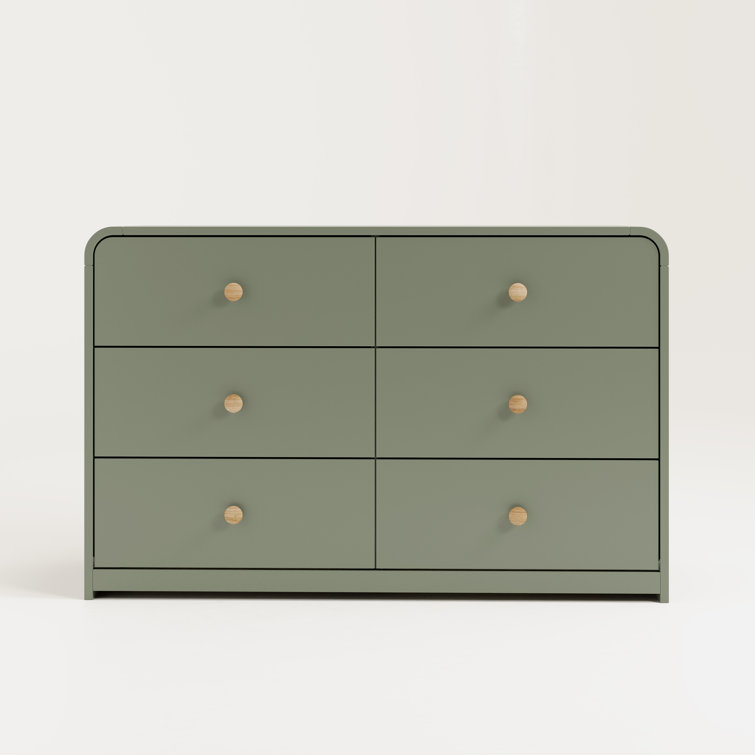 Olive Green 6-Drawer Nursery Dresser with Natural Rubberwood Knobs