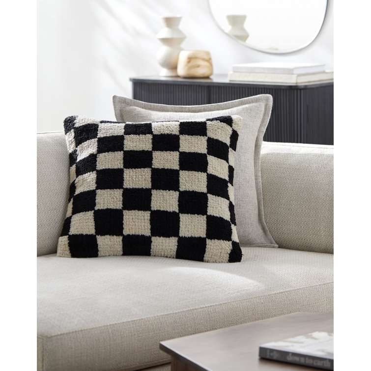 Villere 22" Black and White Wool Blend Checkered Throw Pillow