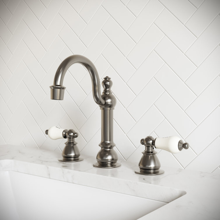 Brushed Nickel Vintage Widespread Bathroom Faucet with Porcelain Levers