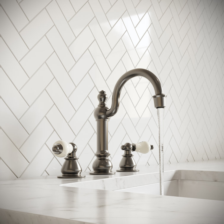 Brushed Nickel Vintage Widespread Bathroom Faucet with Porcelain Levers