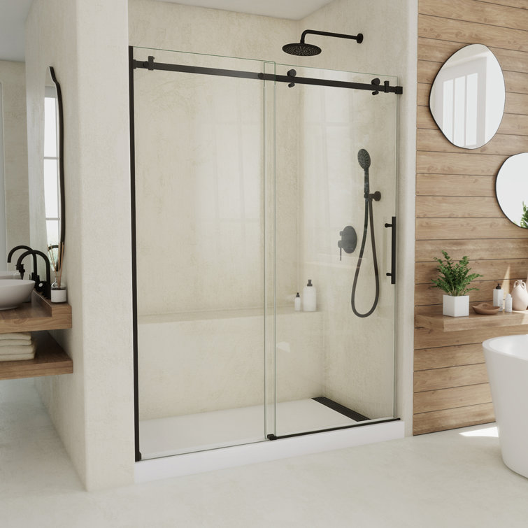 Seneca Matte Black Frameless Sliding Shower Door with Clear Glass