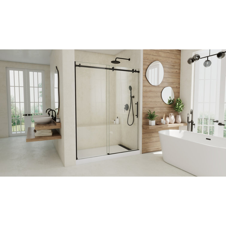 Seneca Matte Black Frameless Sliding Shower Door with Clear Glass