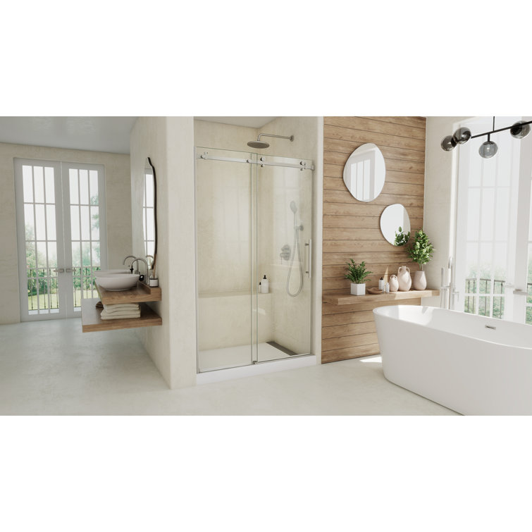 Seneca 48" Frameless Sliding Shower Door in Brushed Stainless Steel