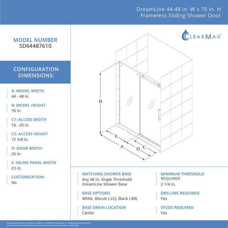 Seneca 48'' Frameless Clear Tempered Glass Sliding Shower Door