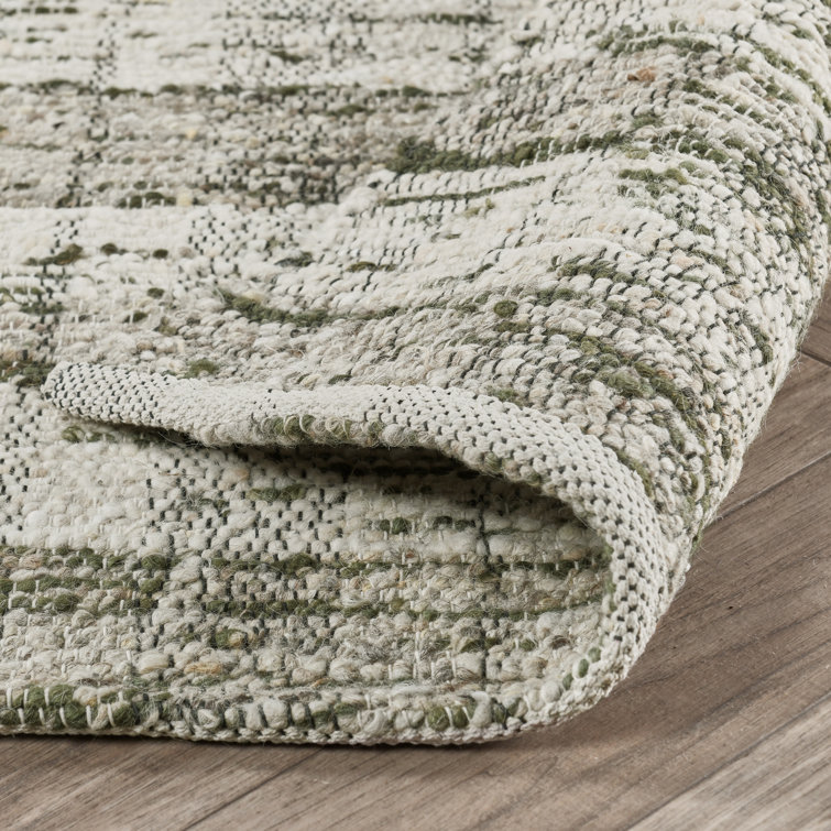 Green and White Wool Cotton 8' x 10' Striped Rug
