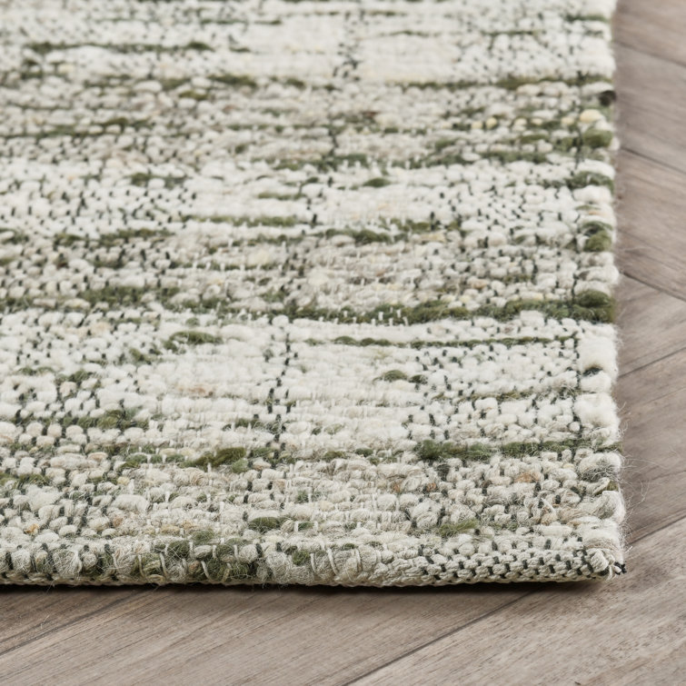 Green and White Wool Cotton 8' x 10' Striped Rug