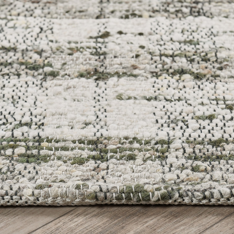Green and White Wool Cotton 8' x 10' Striped Rug