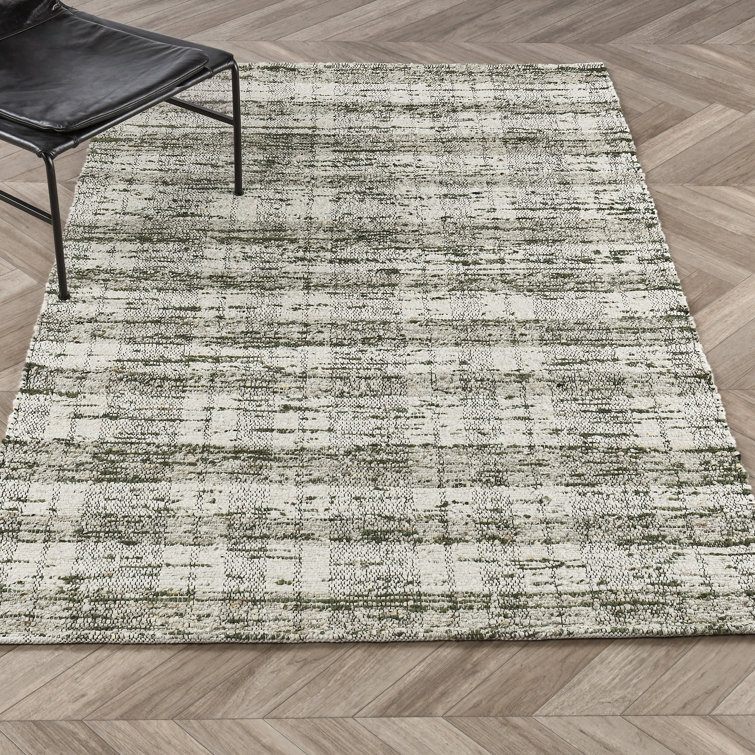 Green and White Wool Cotton 8' x 10' Striped Rug