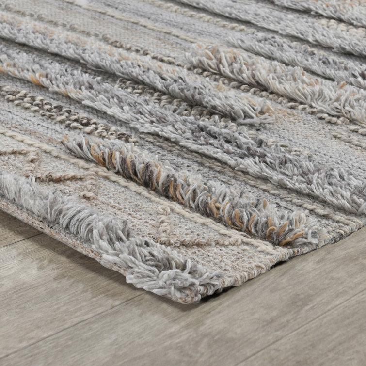 Gray Handwoven Rectangular Wool and Synthetic Stripe Rug