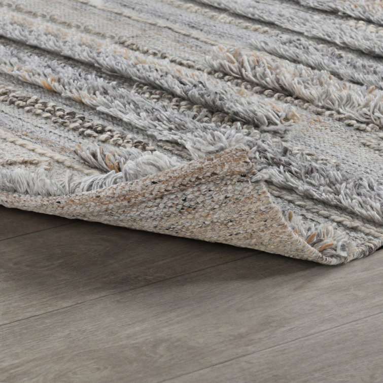 Gray Handwoven Rectangular Wool and Synthetic Stripe Rug