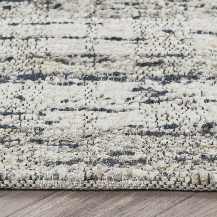 Ink Blue and Natural Wool Cotton Striped 9' x 12' Rug