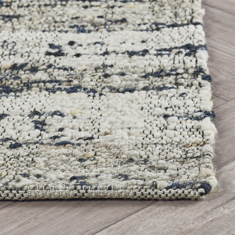 Ink Blue and Natural Wool Cotton Striped 9' x 12' Rug