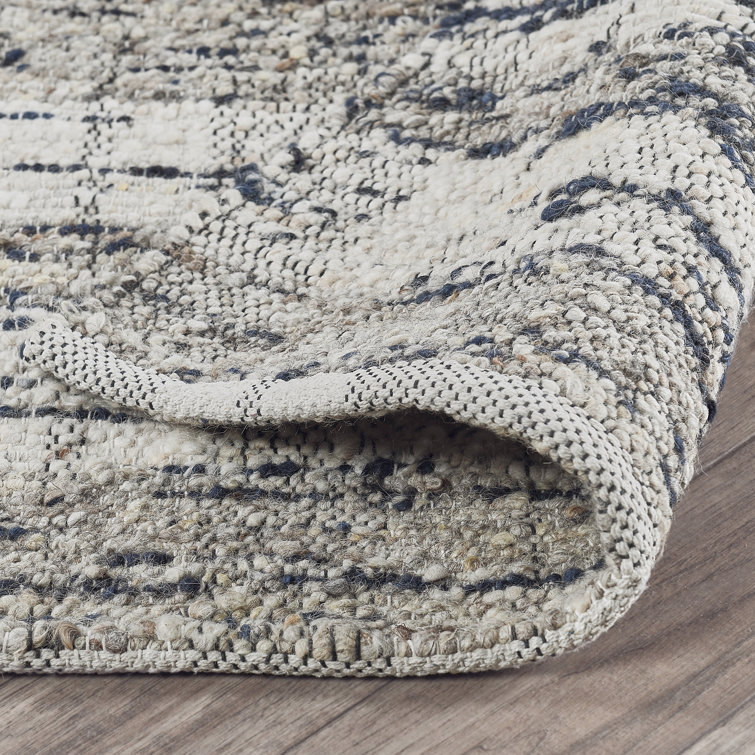Ink Blue and Natural Wool Cotton Striped 9' x 12' Rug