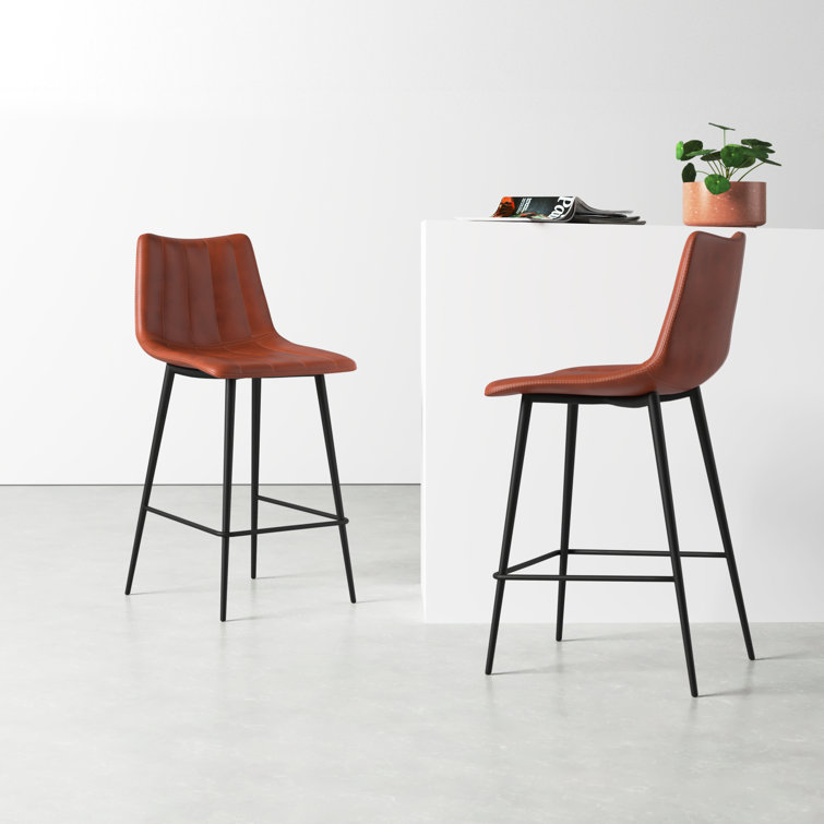 Brown Vegan Leather and Steel Counter Stools, Set of 2