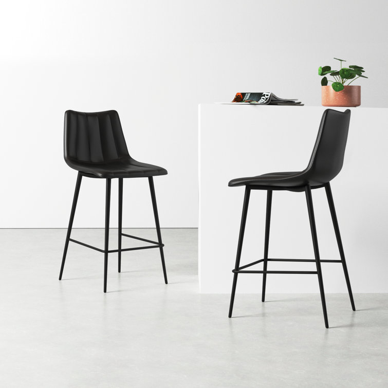 Black Vegan Leather Low Back Counter Stools with Steel Frame, Set of 2