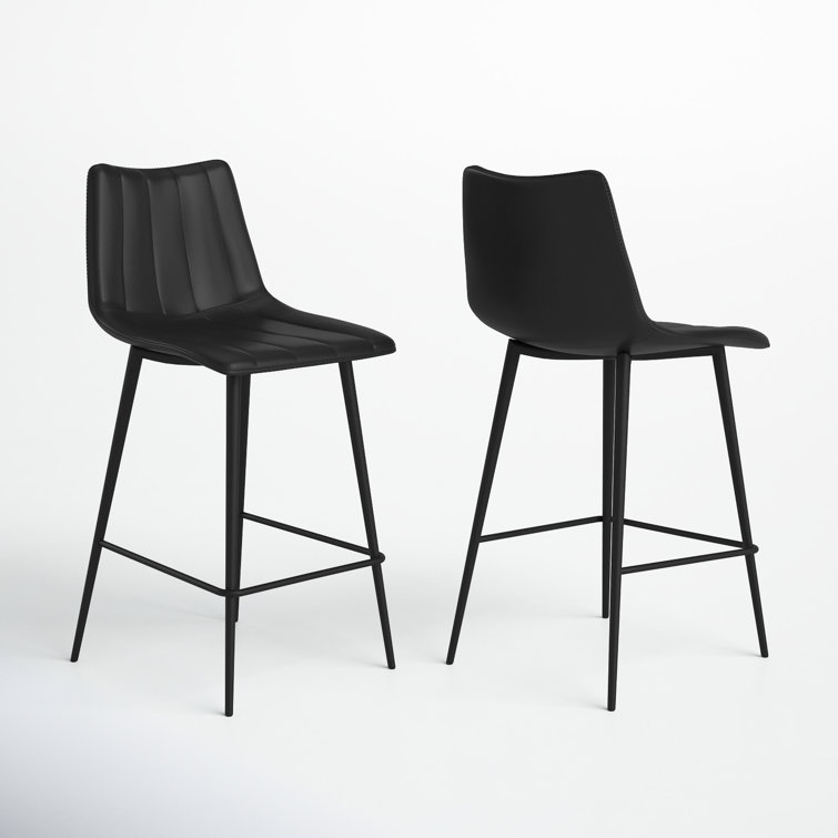 Black Vegan Leather Low Back Counter Stools with Steel Frame, Set of 2