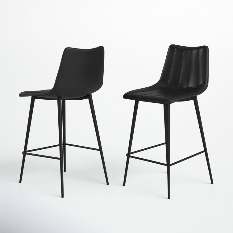 Black Vegan Leather Low Back Counter Stools with Steel Frame, Set of 2