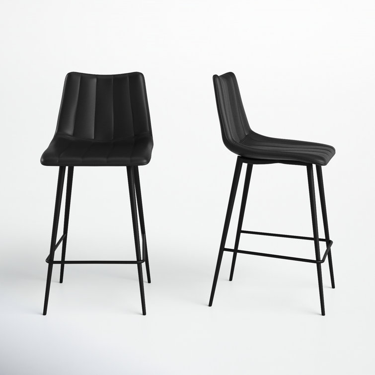 Black Vegan Leather Low Back Counter Stools with Steel Frame, Set of 2