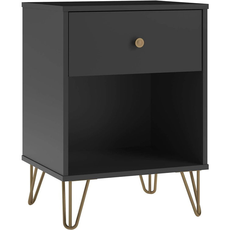 Black and Gold Mid-Century Modern Nightstand with Drawer