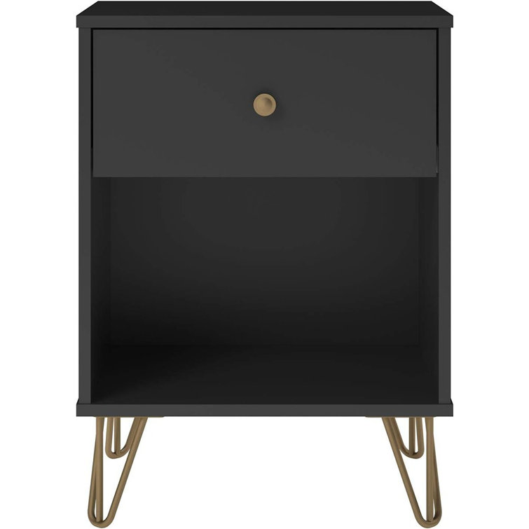 Black and Gold Mid-Century Modern Nightstand with Drawer