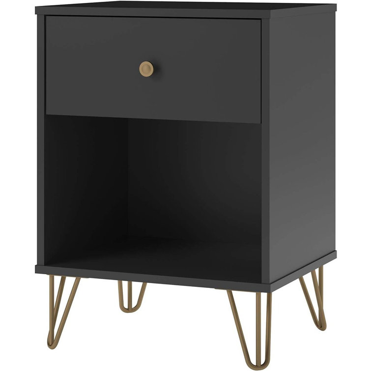 Black and Gold Mid-Century Modern Nightstand with Drawer