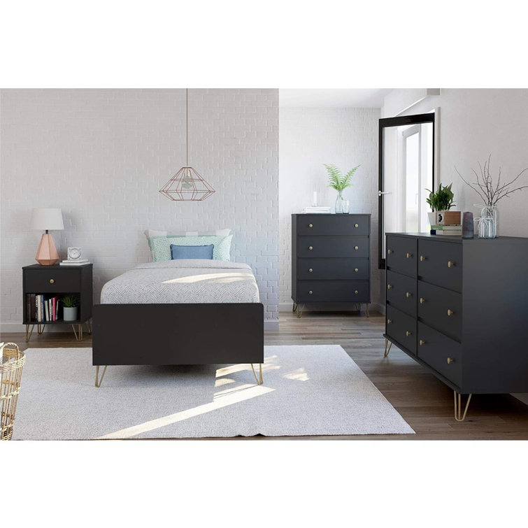 Black and Gold Mid-Century Modern Nightstand with Drawer