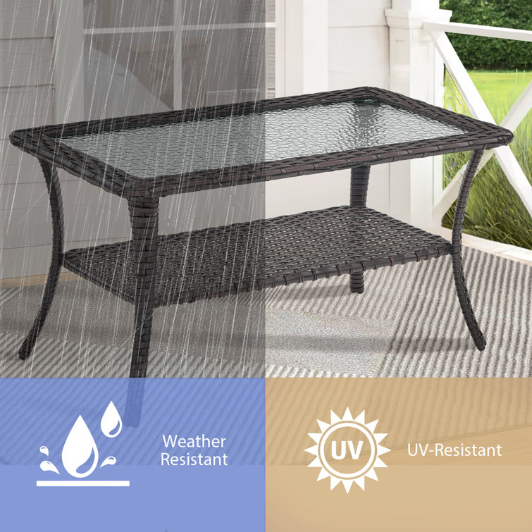 Carolina Brown Rectangular Wicker Outdoor Coffee Table with Glass Top