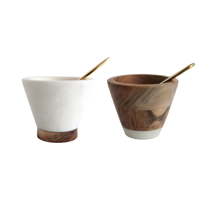 White Marble and Mango Wood Pinch Pots with Gold Spoons