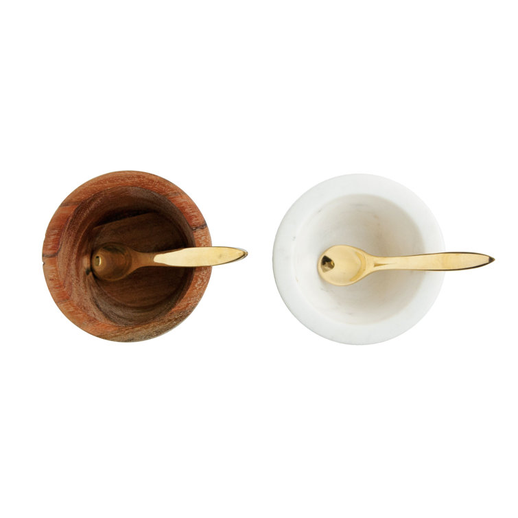 White Marble and Mango Wood Pinch Pots with Gold Spoons