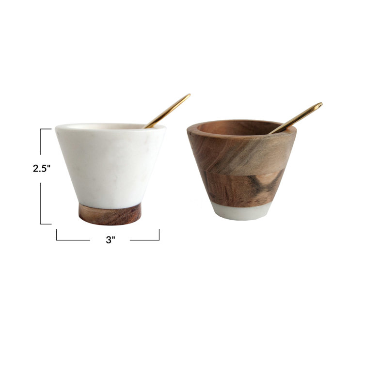 White Marble and Mango Wood Pinch Pots with Gold Spoons