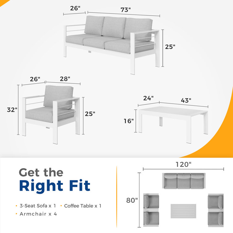 White Aluminum 6-Piece Patio Conversation Set with Light Gray Cushions