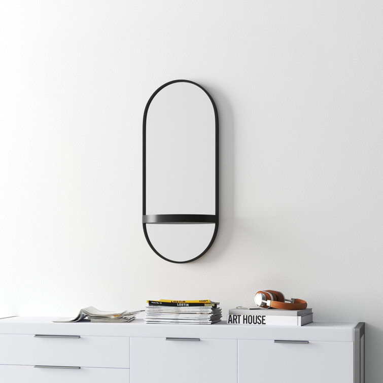 Estero 16" x 38" Black Metal Oval Wall Mirror with Shelf