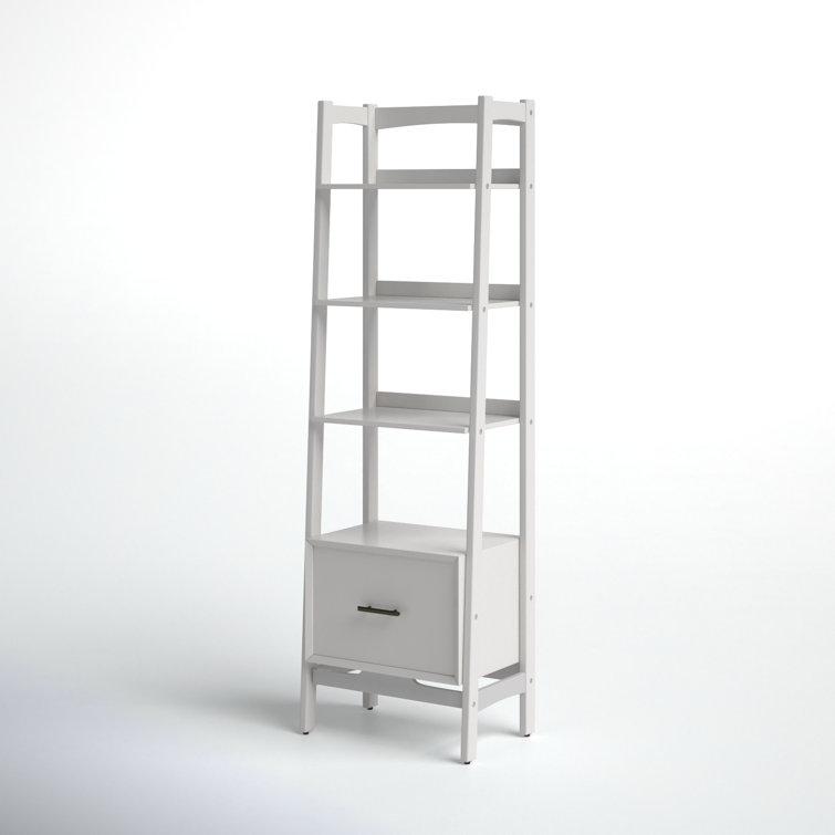 Mid-Century Modern White Wood Ladder Bookcase with Drawer