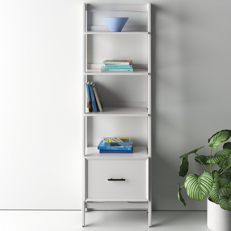 Mid-Century Modern White Wood Ladder Bookcase with Drawer