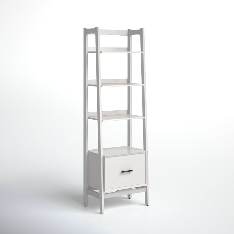 Mid-Century Modern White Wood Ladder Bookcase with Drawer