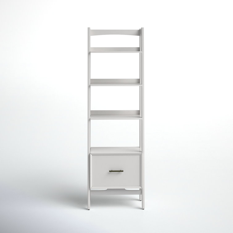 Mid-Century Modern White Wood Ladder Bookcase with Drawer