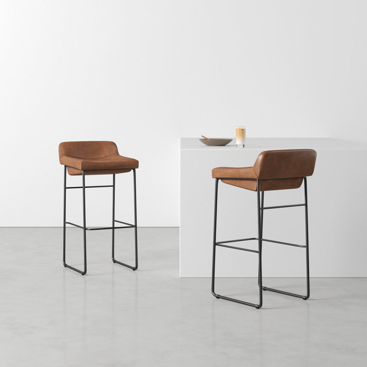 Cappuccino Leather Counter Stool with Iron Legs, Set of 2