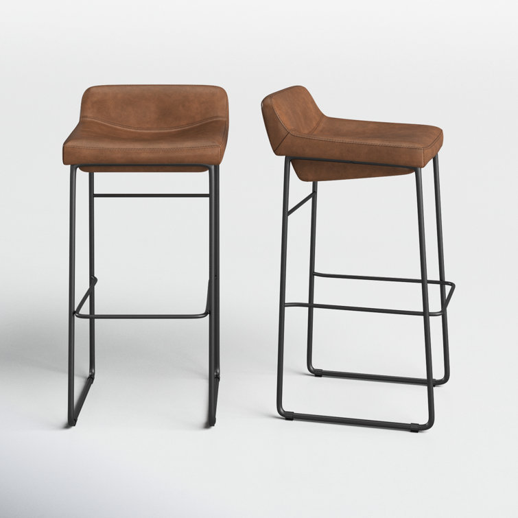 Cappuccino Leather Counter Stool with Iron Legs, Set of 2