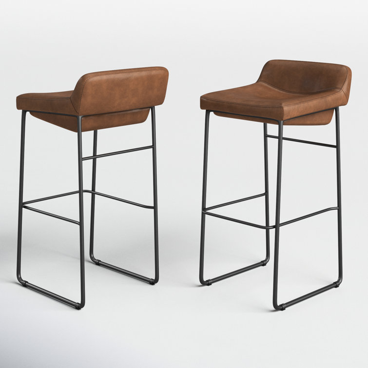 Cappuccino Leather Counter Stool with Iron Legs, Set of 2