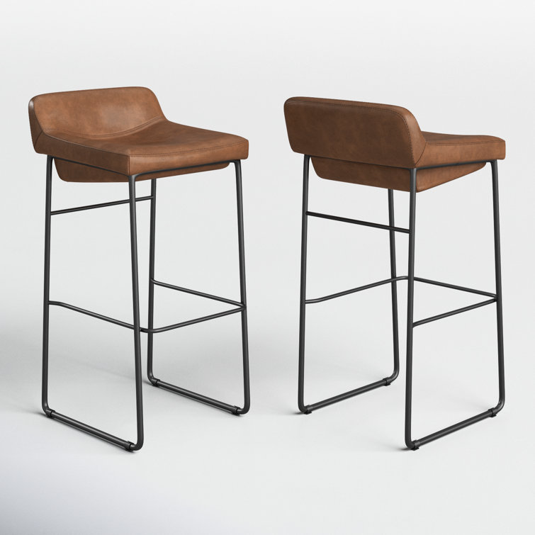 Cappuccino Leather Counter Stool with Iron Legs, Set of 2