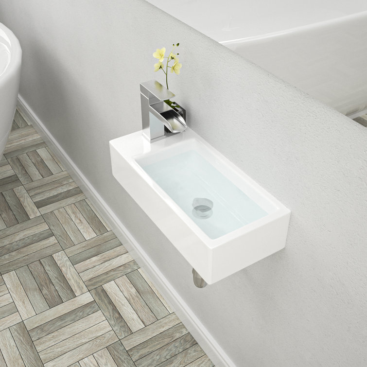 15" White Ceramic Wall-Mounted Floating Bathroom Sink