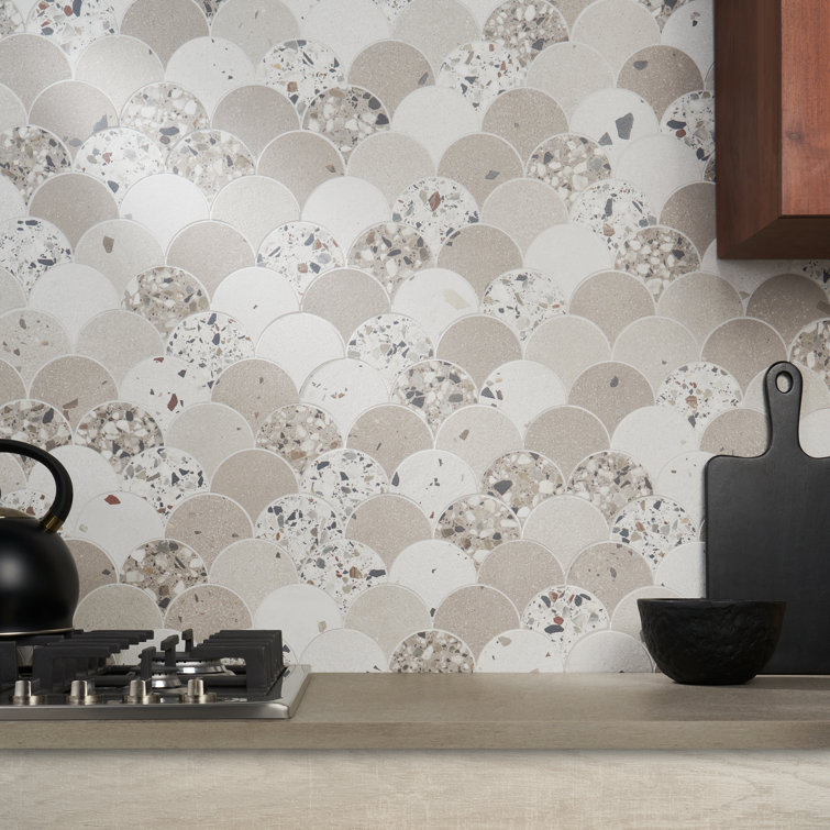 Warm Beige Fish Scale Terrazzo Porcelain Mosaic Tile