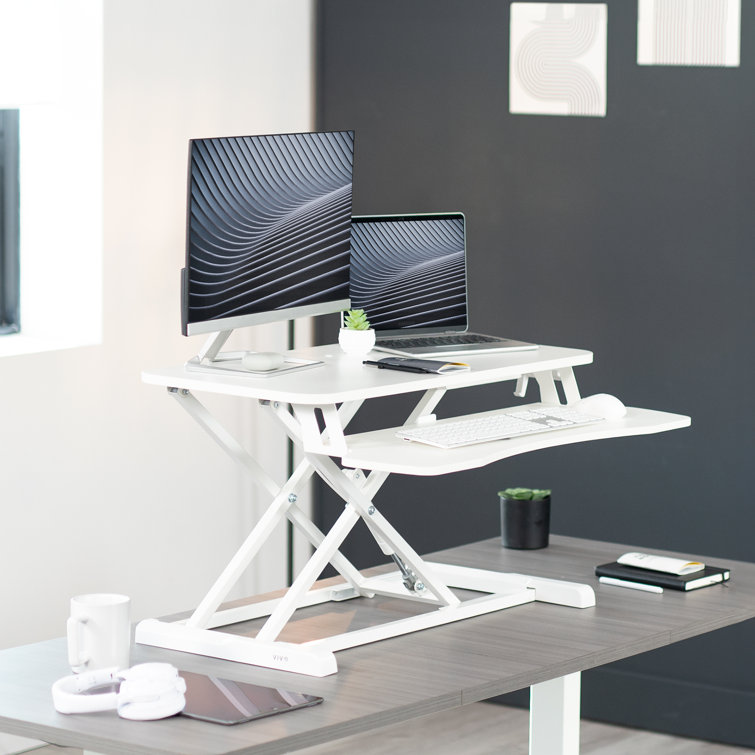 32" White Manual Height Adjustable Dual Monitor Desk Riser