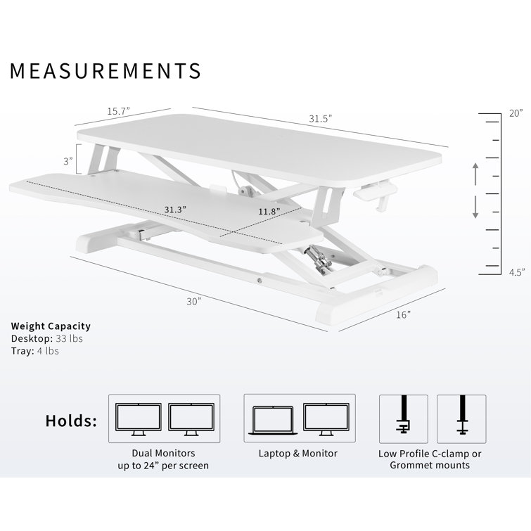 32" White Manual Height Adjustable Dual Monitor Desk Riser